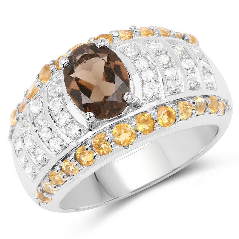 2.39 Carat Genuine Smoky Quartz, Citrine and White Topaz .925 Sterling Silver Ring