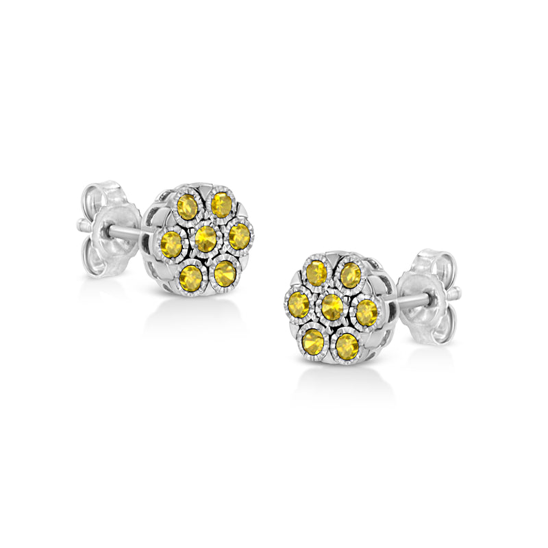 .925 Sterling Silver 1/4 Cttw Yellow Color Treated Diamond Cluster Flower Earrings (Yellow Color, I2-I3 Clarity)