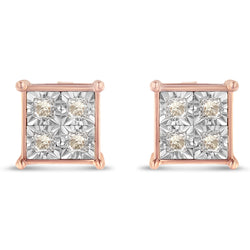 Rose Plated Sterling silver Princess Diamond Quad Stud Earrings (0.5 cttw, J-K Color, I1-I2 Clarity)