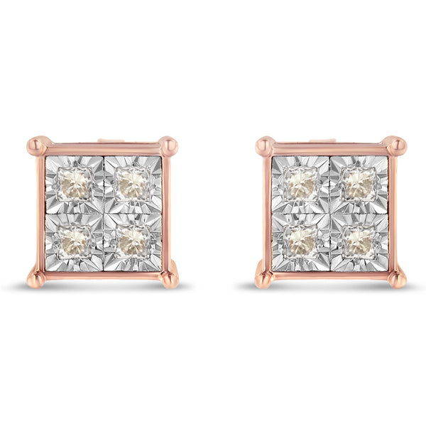 Rose Plated Sterling silver Princess Diamond Quad Stud Earrings (0.5 cttw, J-K Color, I1-I2 Clarity)