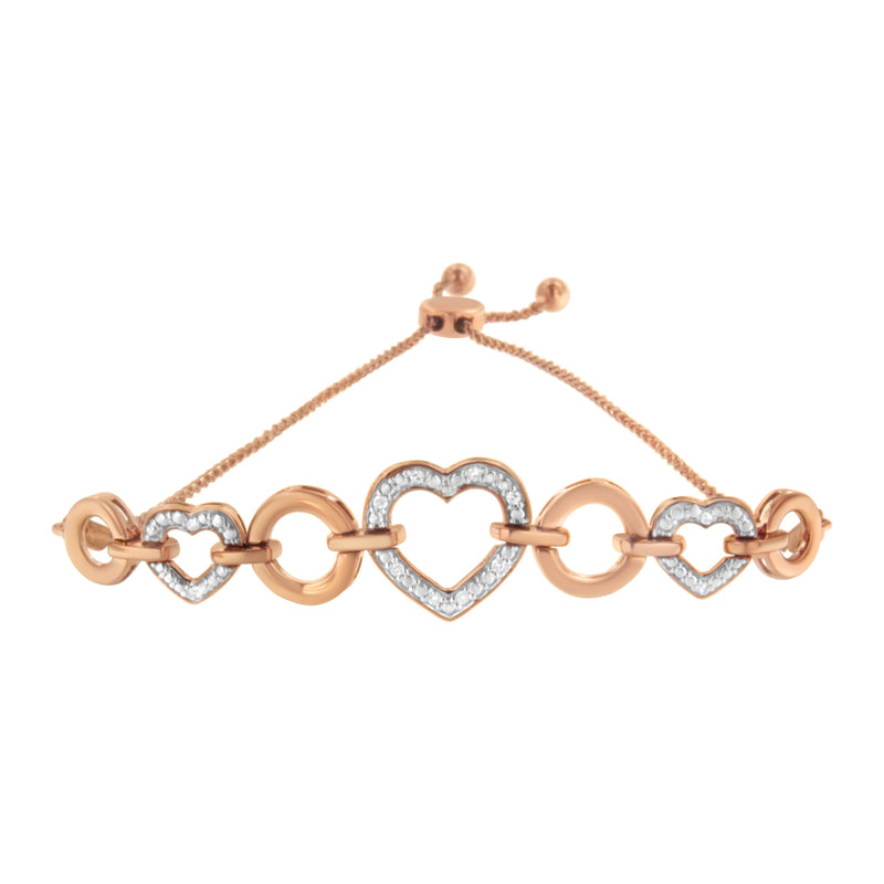 14K Rose Gold Plated .925 Sterling Silver Diamond Accent Circle and Heart Link Adjustable 6”-10” Bolo Bracelet (I-J Color, I3 Clarity)