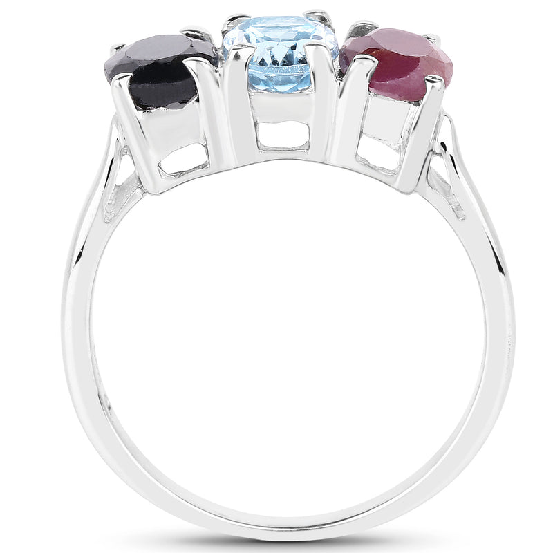 2.90 Carat Genuine Blue Topaz, Black Sapphire & Ruby .925 Sterling Silver Ring