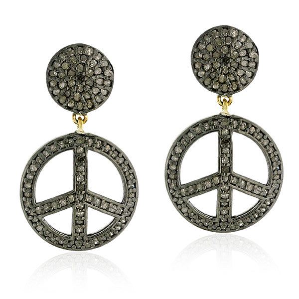 2.0ct Pave Diamond Peace Sign Dangle Earrings 14kt Gold Silver Handmade Jewelry