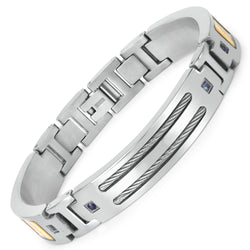 Titanium Men's Bracelet, Mens Titanium Bracelet with Gold Plated Steel Inlay, 0.48ctw. Natural Blue Sapphire Rounds