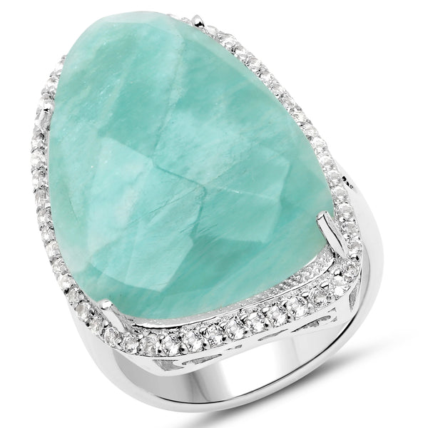 26.34 Carat Genuine Amazonite and White Topaz .925 Sterling Silver Ring