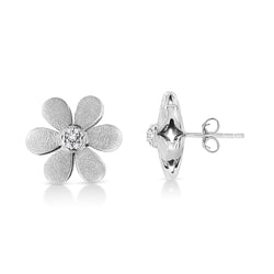 Matte Finished .925 Sterling Silver Diamond Accent Flower Hoop Stud Earring (I-J Color, I1-I2 Clarity)