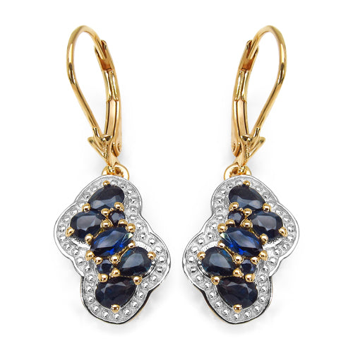 14K Yellow Gold Plated 2.12 Carat Genuine Blue Sapphire .925 Sterling Silver Earrings