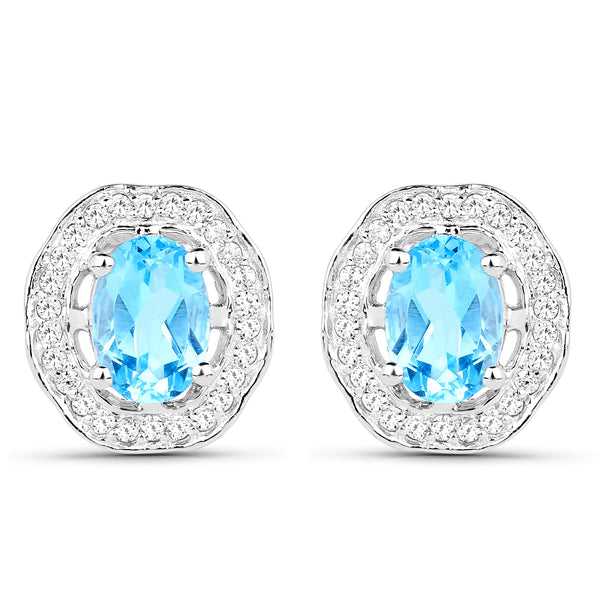 2.21 Carat Genuine Swiss Blue Topaz and White Zircon .925 Sterling Silver Earrings