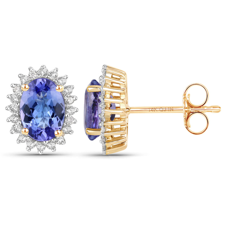 1.71 Carat Genuine Tanzanite and White Diamond 14K Yellow Gold Earrings