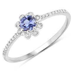 0.30 Carat Genuine Tanzanite and White Diamond 14K White Gold Ring