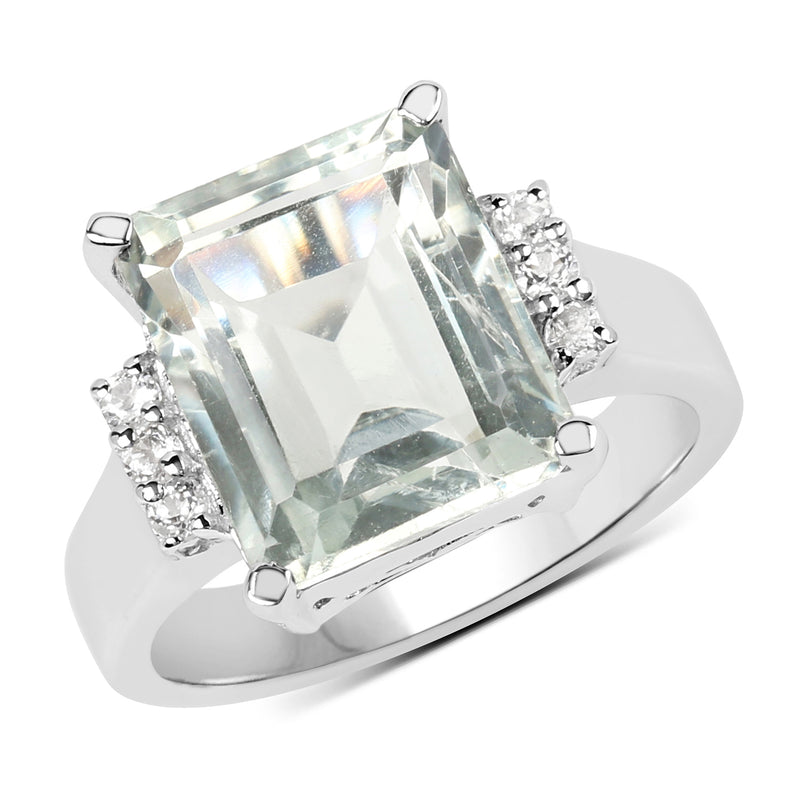 5.54 Carat Genuine Green Amethyst and White Topaz .925 Sterling Silver Ring