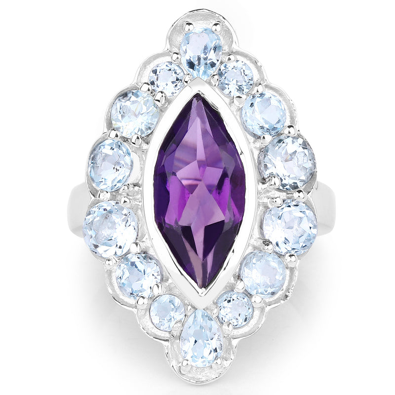 5.30 Carat Genuine Amethyst and Blue Topaz .925 Sterling Silver Ring