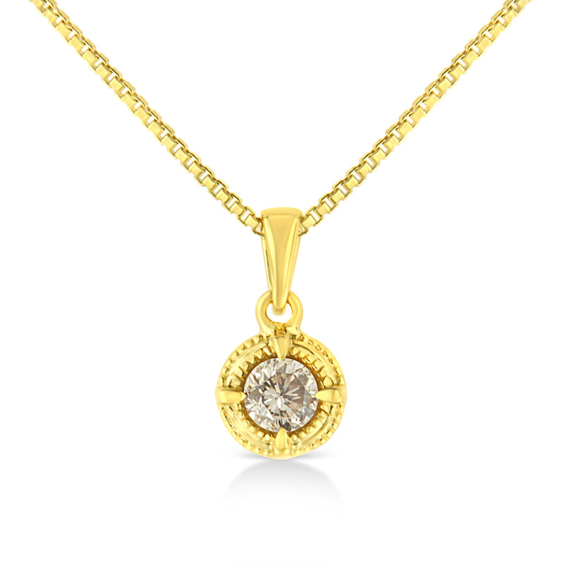 14K Yellow Gold Plated .925 Sterling Silver 1/3 Cttw Brilliant Round Cut Diamond Solitaire Milgrain 18" Pendant Necklace (K-L Color, I2-I3 Clarity)