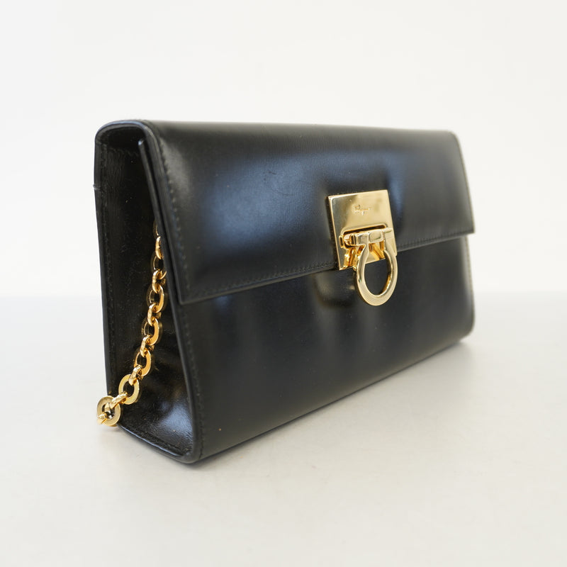 Auth Salvatore Ferragamo Shoulder Bag Gancio Leather Black Gold Metal