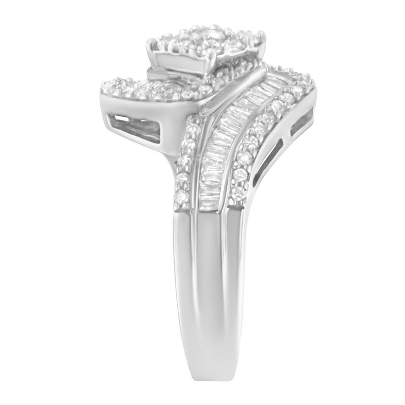 14K White Gold 1.0 Cttw Baguette & Brilliant-Cut Diamond Round Floral Cluster Engagement or Fashion Ring with Swirl Wrapped Triple Row Band (H-I Color, SI2-I1 Clarity) - Size 7