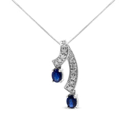 14K White Gold 5x4 MM Oval Shaped Natural Blue Sapphire and Diamond Accent Double Drop Ribbon 18" Pendant Necklace (J-K Color, SI2-I1 Clarity)