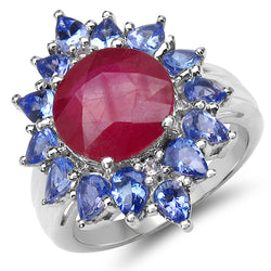 6.20 Carat Genuine Glass Filled Ruby, Tanzanite & White Topaz .925 Sterling Silver Ring