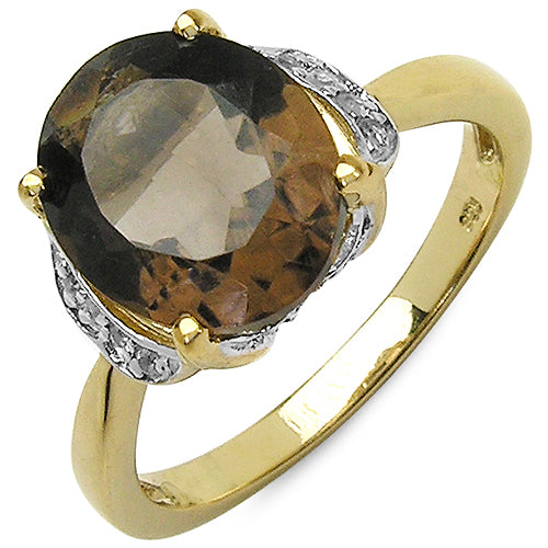 14K Yellow Gold Plated 4.74 Carat Genuine Smoky Quartz & White Topaz .925 Sterling Silver Ring