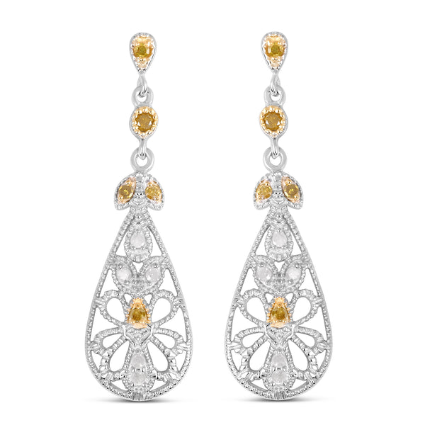 0.33 Carat Genuine White Diamond and Yellow Diamond .925 Sterling Silver Earrings