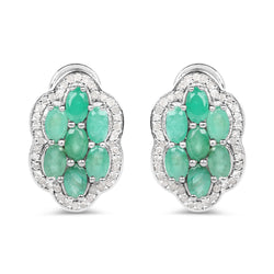 3.24 Carat Genuine Emerald and White Diamond .925 Sterling Silver Earrings