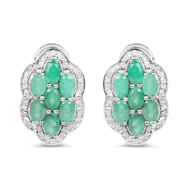 3.24 Carat Genuine Emerald and White Diamond .925 Sterling Silver Earrings