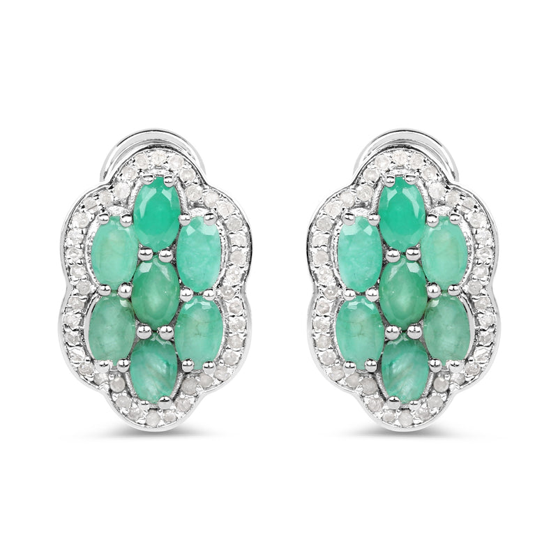 3.24 Carat Genuine Emerald and White Diamond .925 Sterling Silver Earrings