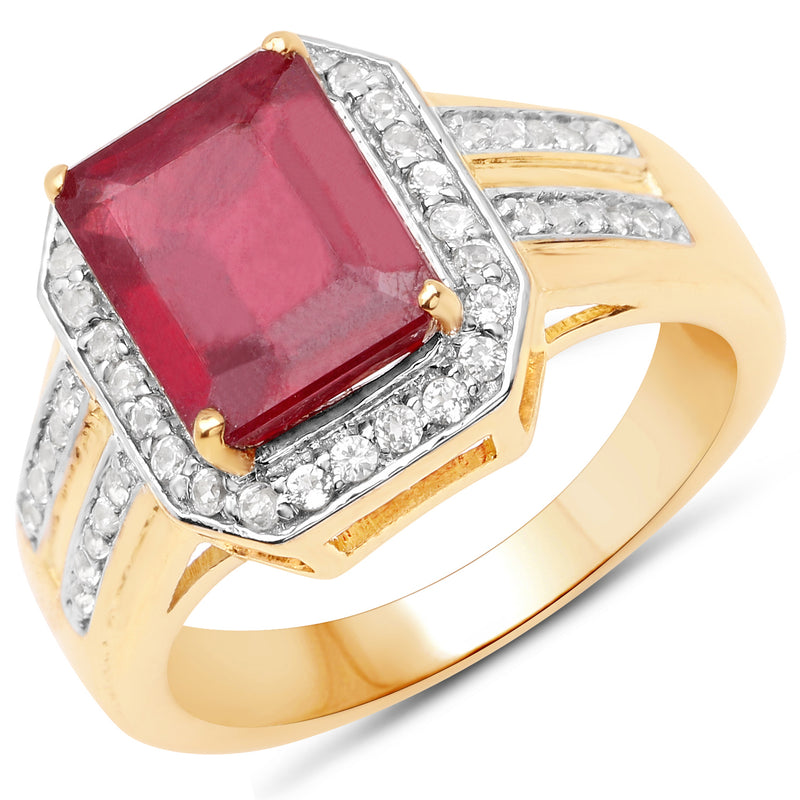 14K Yellow Gold Plated 4.61 Carat Glass Filled Ruby and White Topaz .925 Sterling Silver Ring