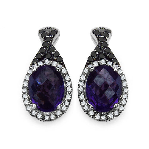 2.71 Carat Genuine Amethyst Black Diamond & White Diamond .925 Sterling Silver Earrings