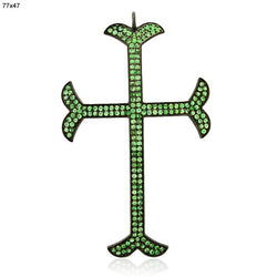 Trendy Religious Cross Pendant Studded Tsavorite 925 Silver Jewelry