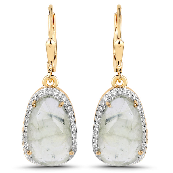 18K Yellow Gold Plated 9.27 Carat Genuine Prehnite and White Topaz .925 Sterling Silver Earrings