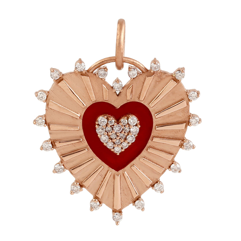 Natural Diamond Heart Shape Charm Pendant 14k Rose Gold Enamel Jewelry Gift For Her