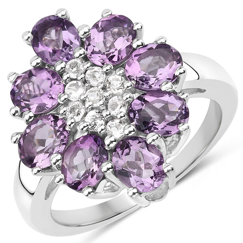 2.95 Carat Genuine Amethyst and White Topaz .925 Sterling Silver Ring