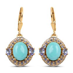 14K Yellow Gold Plated 5.72 Carat Genuine Turquoise & Tanzanite .925 Sterling Silver Earrings