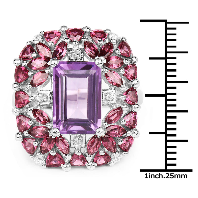 7.59 Carat Genuine Pink Amethyst, Rhodolite and White Topaz .925 Sterling Silver Ring