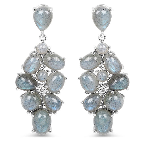 16.70 Carat Labradorite and White Topaz .925 Sterling Silver Earrings