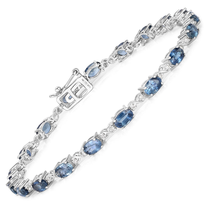 4.43 Carat Genuine Blue Sapphire and White Diamond 14K White Gold Bracelet