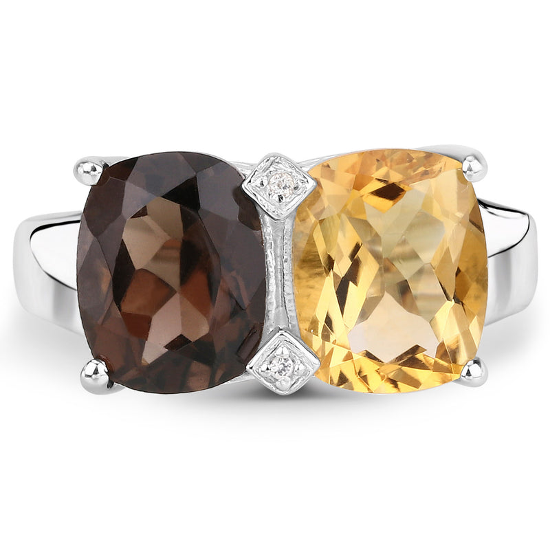 5.01 Carat Genuine Smoky Quartz, Citrine and White Sapphire .925 Sterling Silver Ring