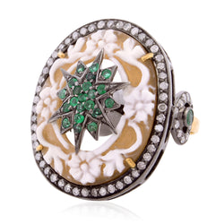 Natural Diamond Gold Silver Gemstone Star Design Carving Cocktail Ring Jewelry