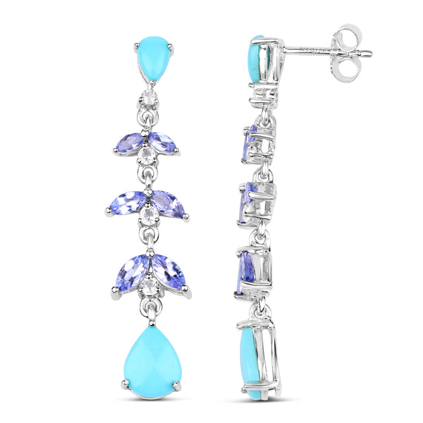 4.72 Carat Genuine Turquoise, Tanzanite & White Topaz .925 Sterling Silver Earrings