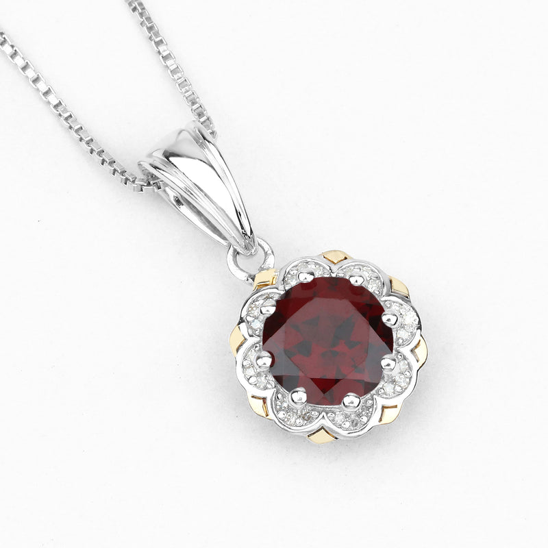 2.32 Carat Genuine Garnet and White Diamond 14K Yellow Gold with .925 Sterling Silver Pendant