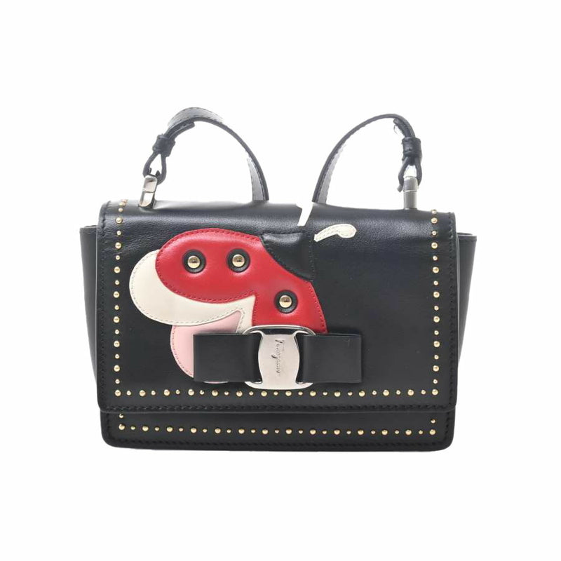 Salvatore Ferragamo Vara Ribbon Leather Shoulder Bag Studs Ladybugs Black