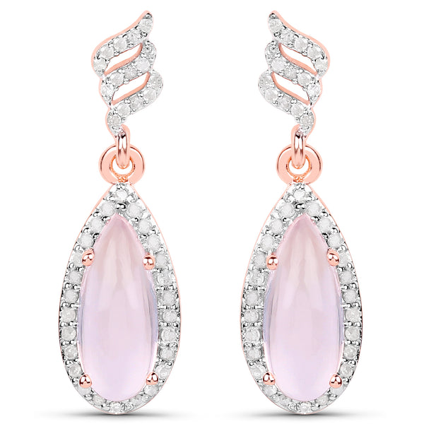 18K Rose Gold Plated 3.38 Carat Genuine Rose Quartz and White Diampond .925 Sterling Silver Earrings