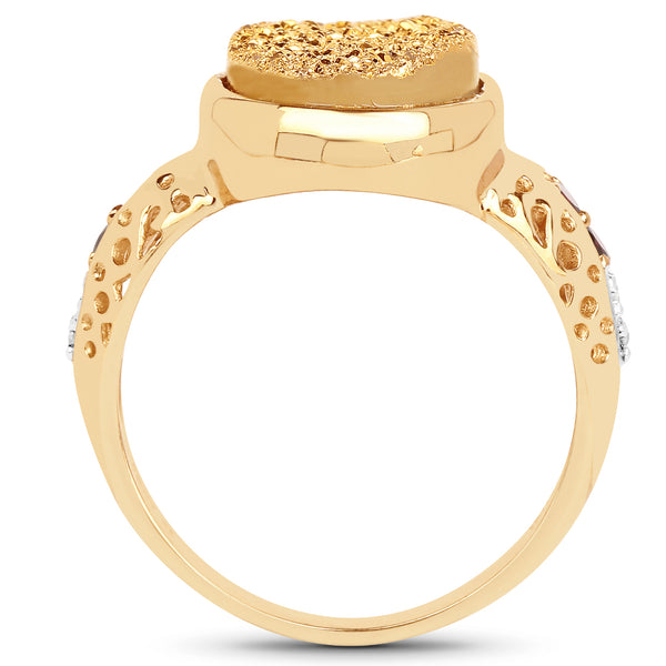 14K Yellow Gold Plated 4.71 Carat Genuine Golden Drusy, Garnet & White Topaz .925 Sterling Silver Ring