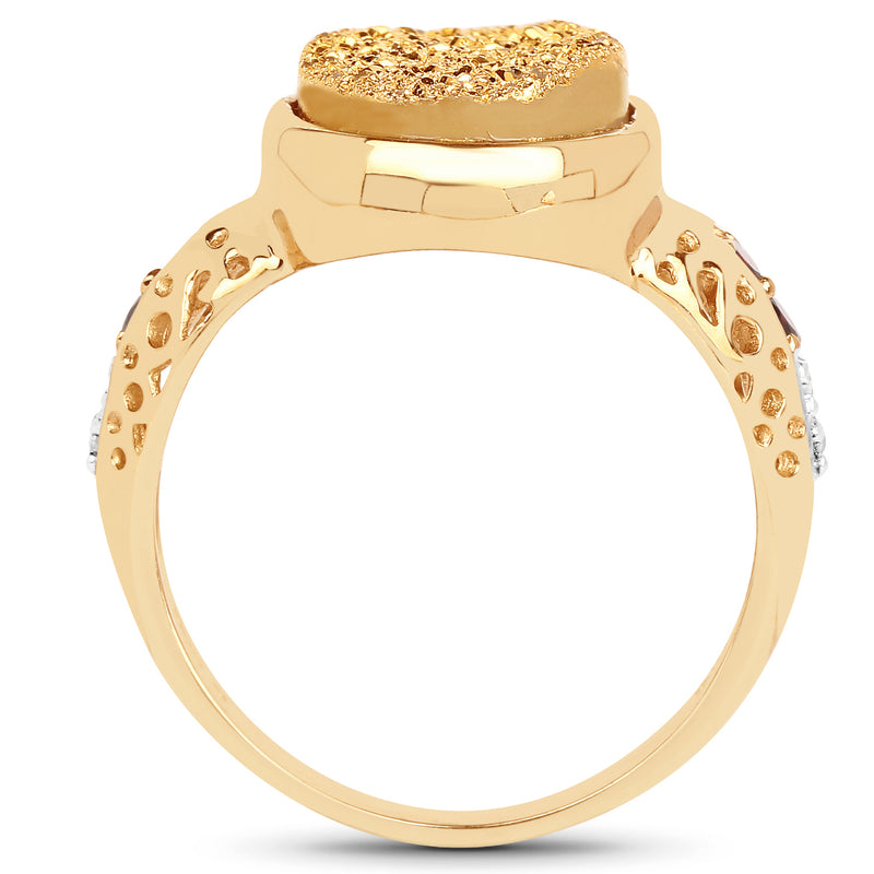 14K Yellow Gold Plated 4.71 Carat Genuine Golden Drusy, Garnet & White Topaz .925 Sterling Silver Ring