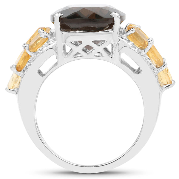 9.74 Carat Genuine Smoky Quartz, Citrine & White Topaz .925 Sterling Silver Ring