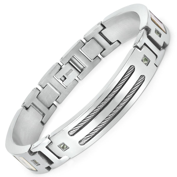 Titanium Men's Bracelet, Mens Titanium Bracelet with Silver Plated Steel Inlay, 0.48ctw. Natural Green Sapphire Rounds