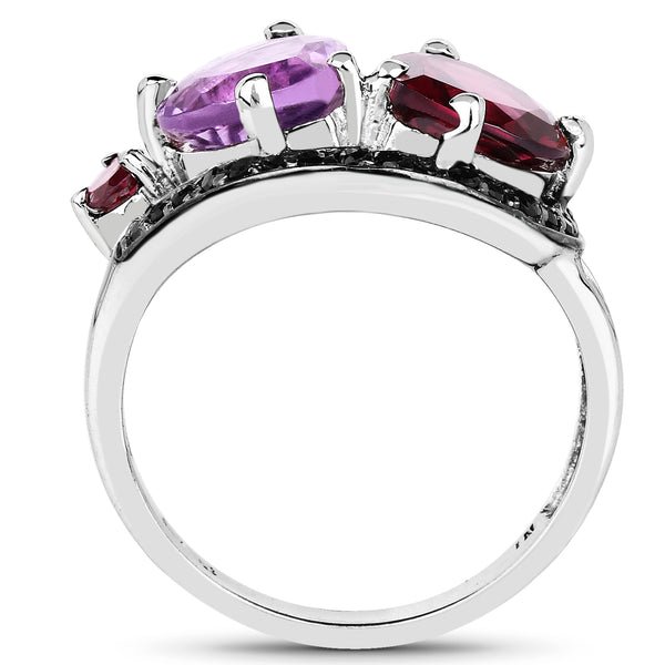 4.07 Carat Genuine Amethyst, Rhodolite & Black Spinel .925 Sterling Silver Ring