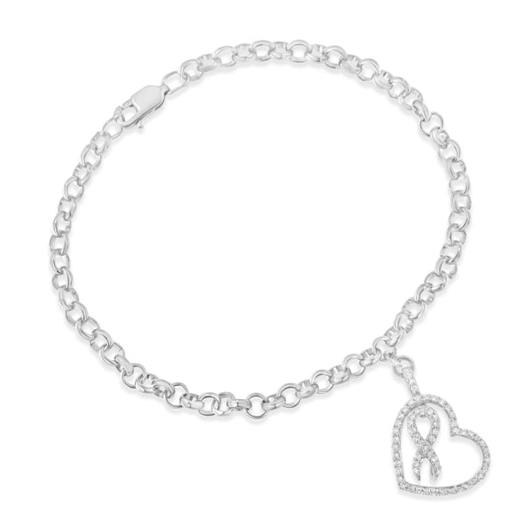 .925 Sterling Silver 1/4 Cttw Diamond-Accented Heart and Ribbon Charm 7" Link Chain Bracelet (H-I Color, I1-I2 Clarity)