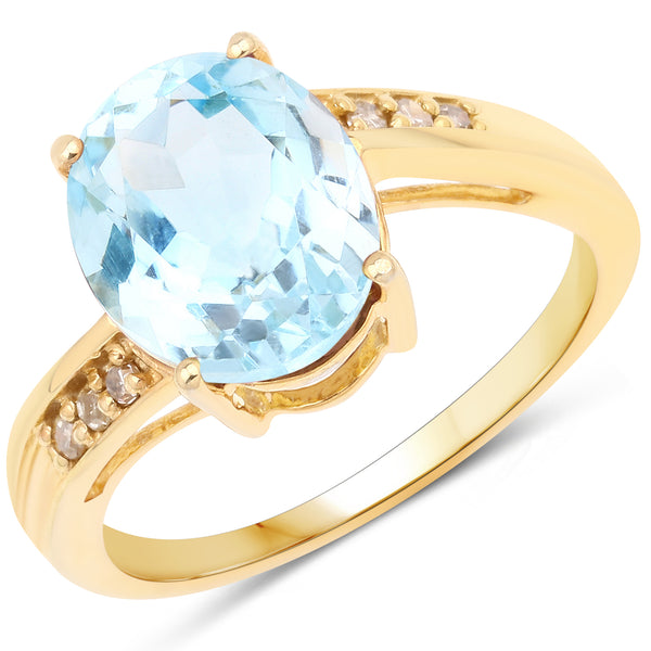 14K Yellow Gold Plated 4.03 Carat Genuine Blue Topaz and White Diamond .925 Sterling Silver Ring