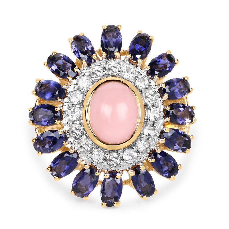 14K Yellow Gold Plated 5.44 Carat Genuine Pink Opal, Iolite And White Topaz .925 Sterling Silver Ring